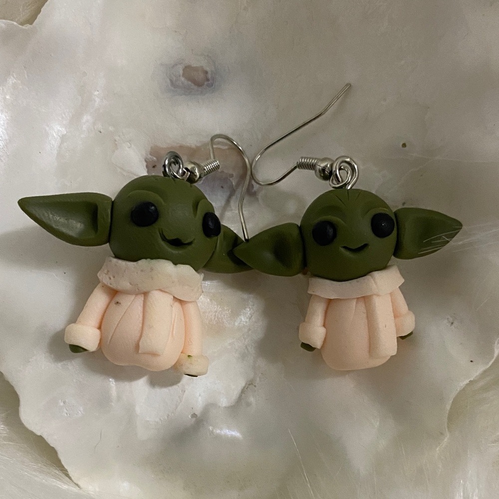 Handmade Baby Grogo  Dangle Earrings - Olive Green & Cream